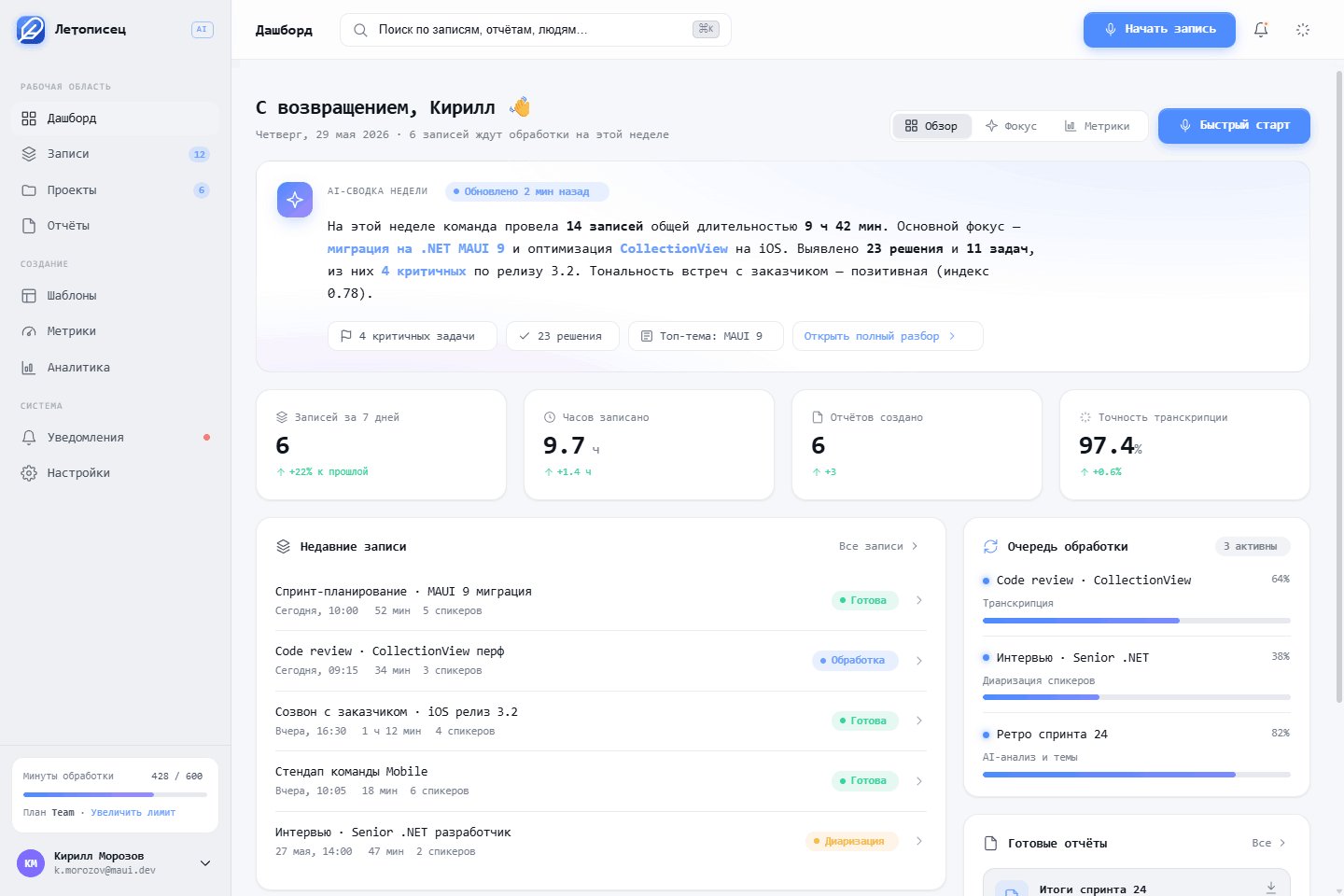 Дашборд Летописец — записи, AI-сводка недели, очередь обработки