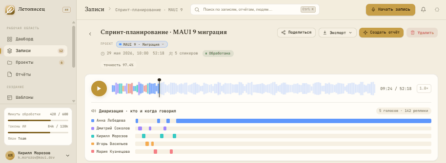 Расшифровка с разметкой по спикерам и таймлайном